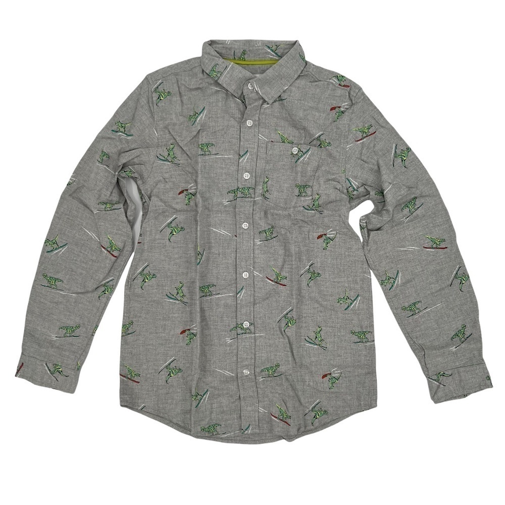 NWT Cat & Jack Gray Surfing Dinosaur Print Button Up Shirt Size XXL (18) Boy's